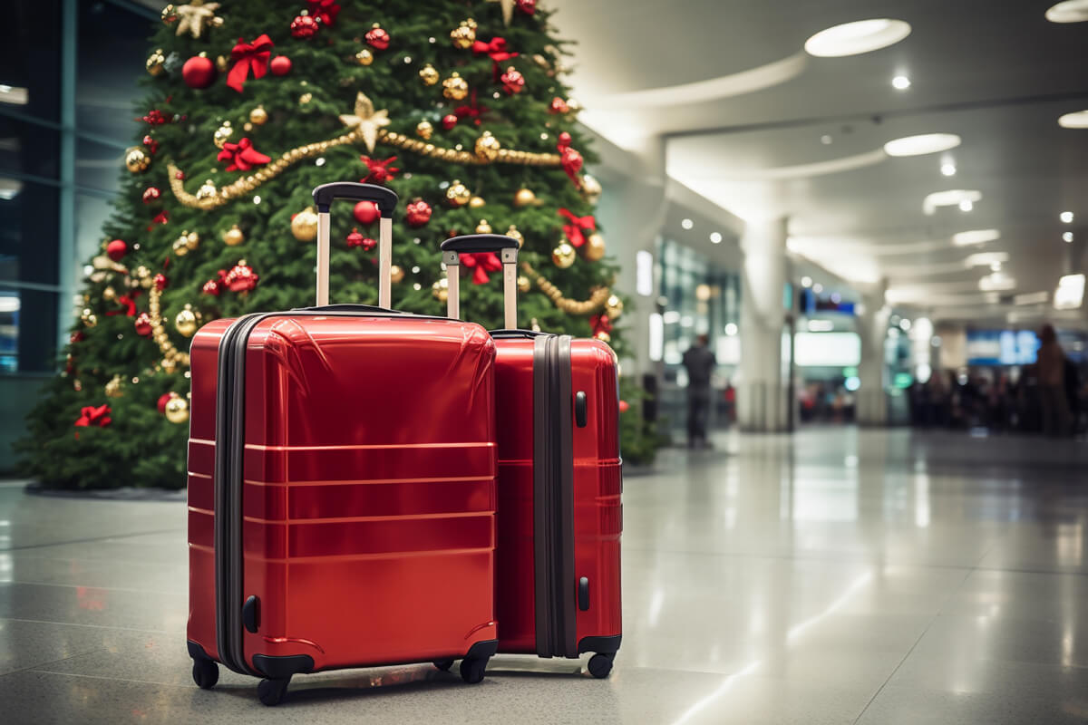 Two red suitcases sit in front of a Christmas tree at an airport terminal.